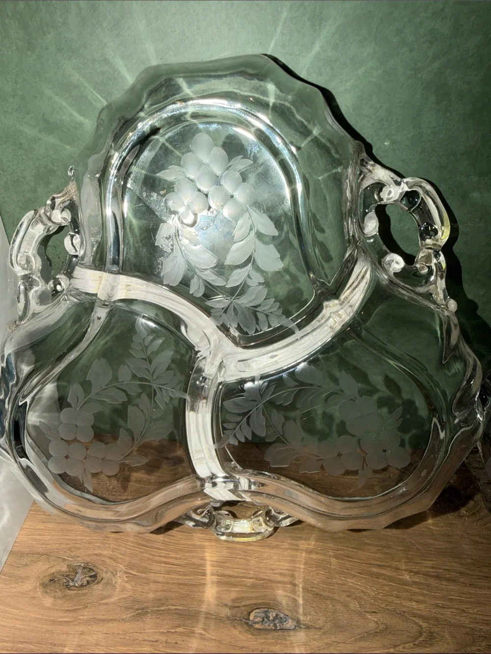 Clear Glass Divided Server with Etched Floral Design